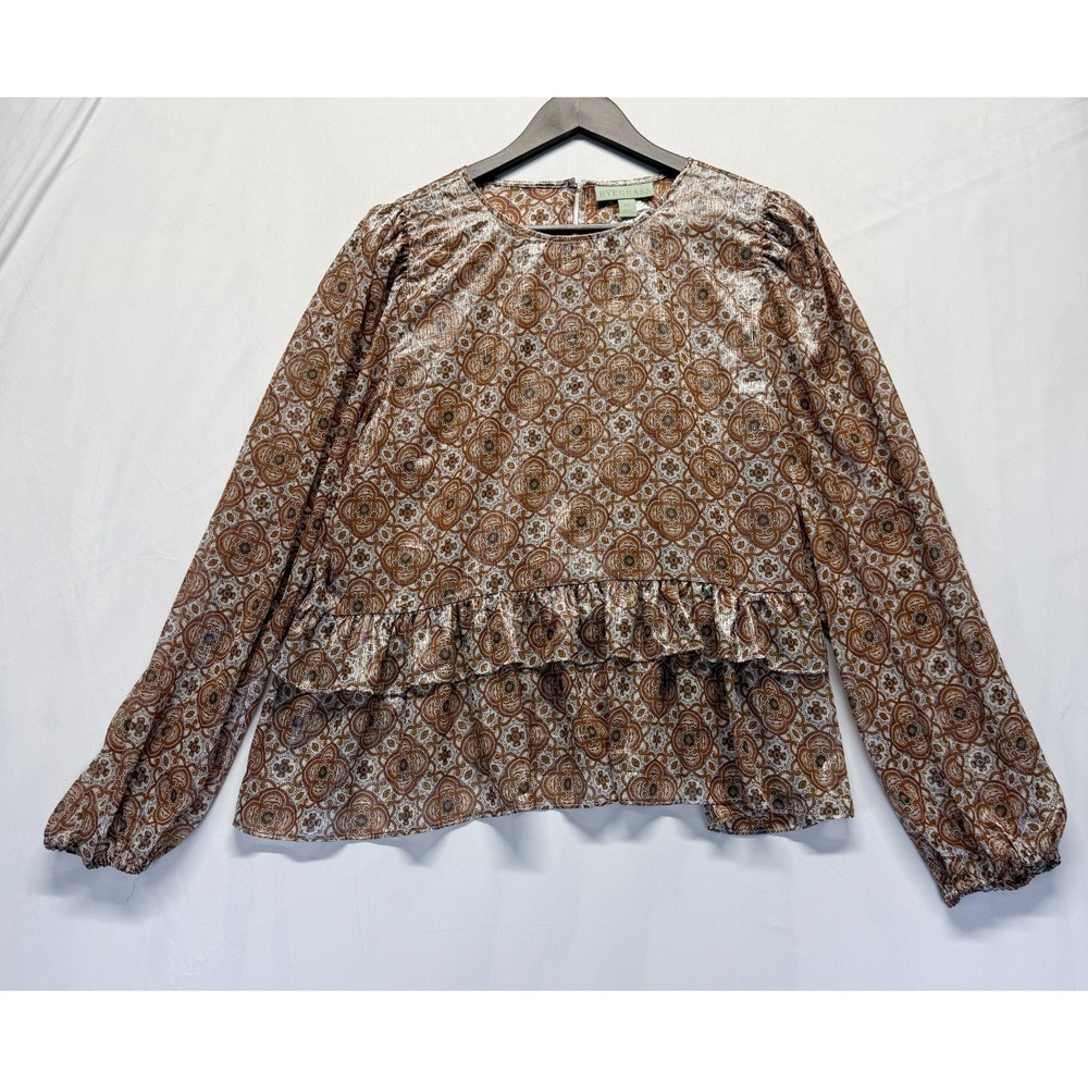 Ryegrass Blouse Womens XL Multicolor‎ Metallic Paisley Ruffle Trim Keyhole Back
